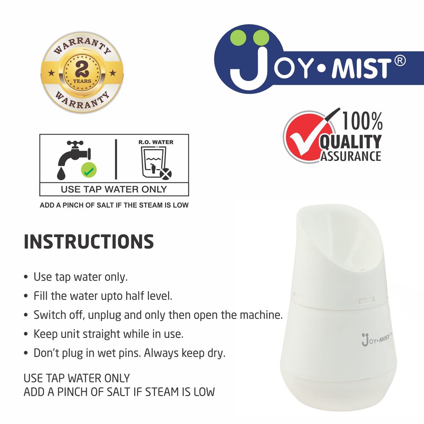 JOYMIST Steamo 1 Vaporizer Inhaler Machine, Facial Steamer and Steam Inhaler for Cold, Cough & Sinus, Suitable for Men, Women & Kids