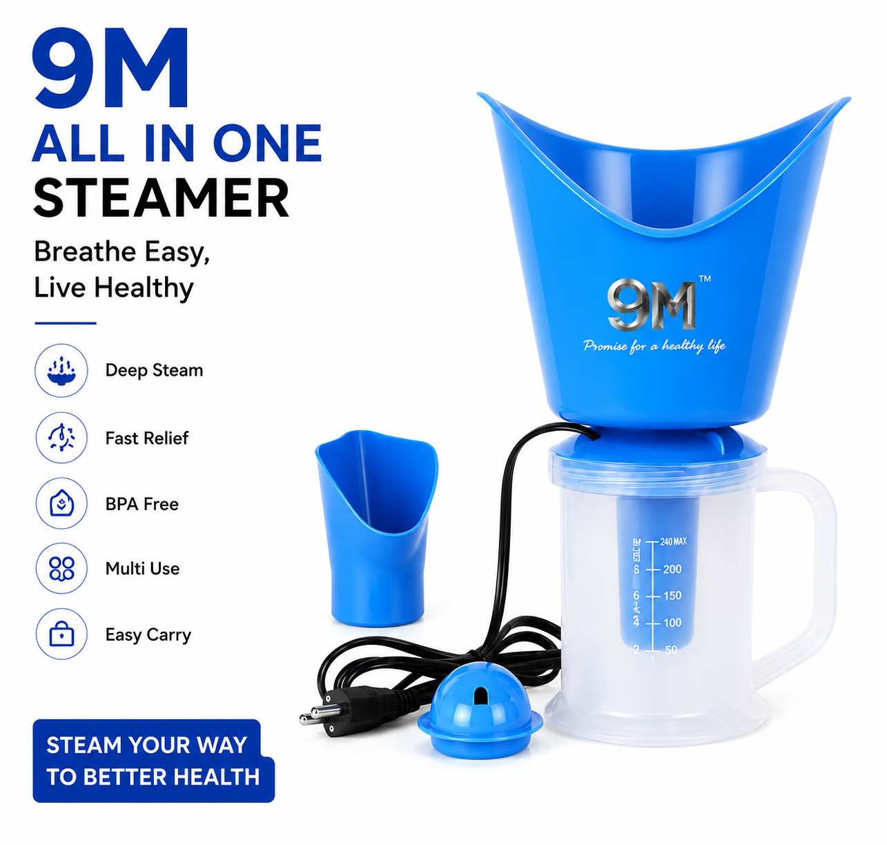 9M All In One Steamer, Facial Steamer and Steam Inhaler for Cold, Cough & Sinus, Suitable for Men, Women & Kids