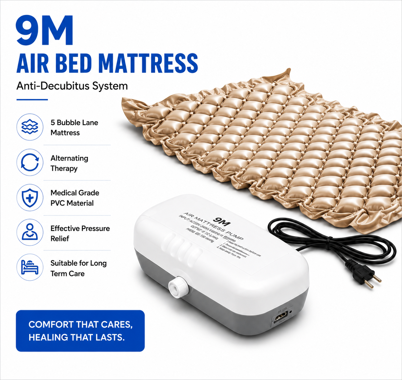 9M Anti Decubitus Bubble Air Bed with Pump for Patients Bed Sore Helps in Prevention of Bed Sores