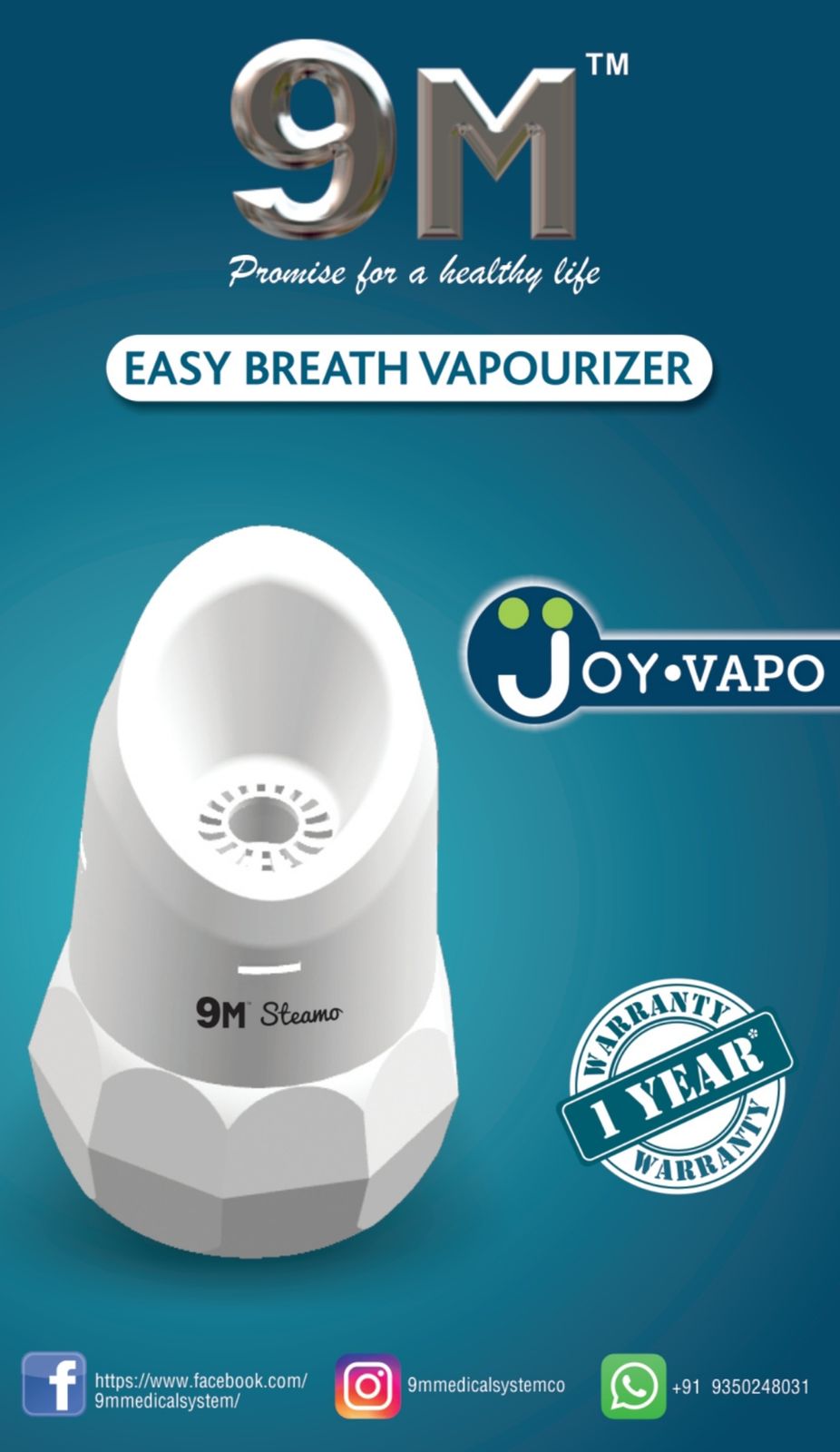 9M Steamo 1 Vaporizer Inhaler Machine, Facial Steamer and Steam Inhaler for Cold, Cough & Sinus, Suitable for Men, Women & Kids