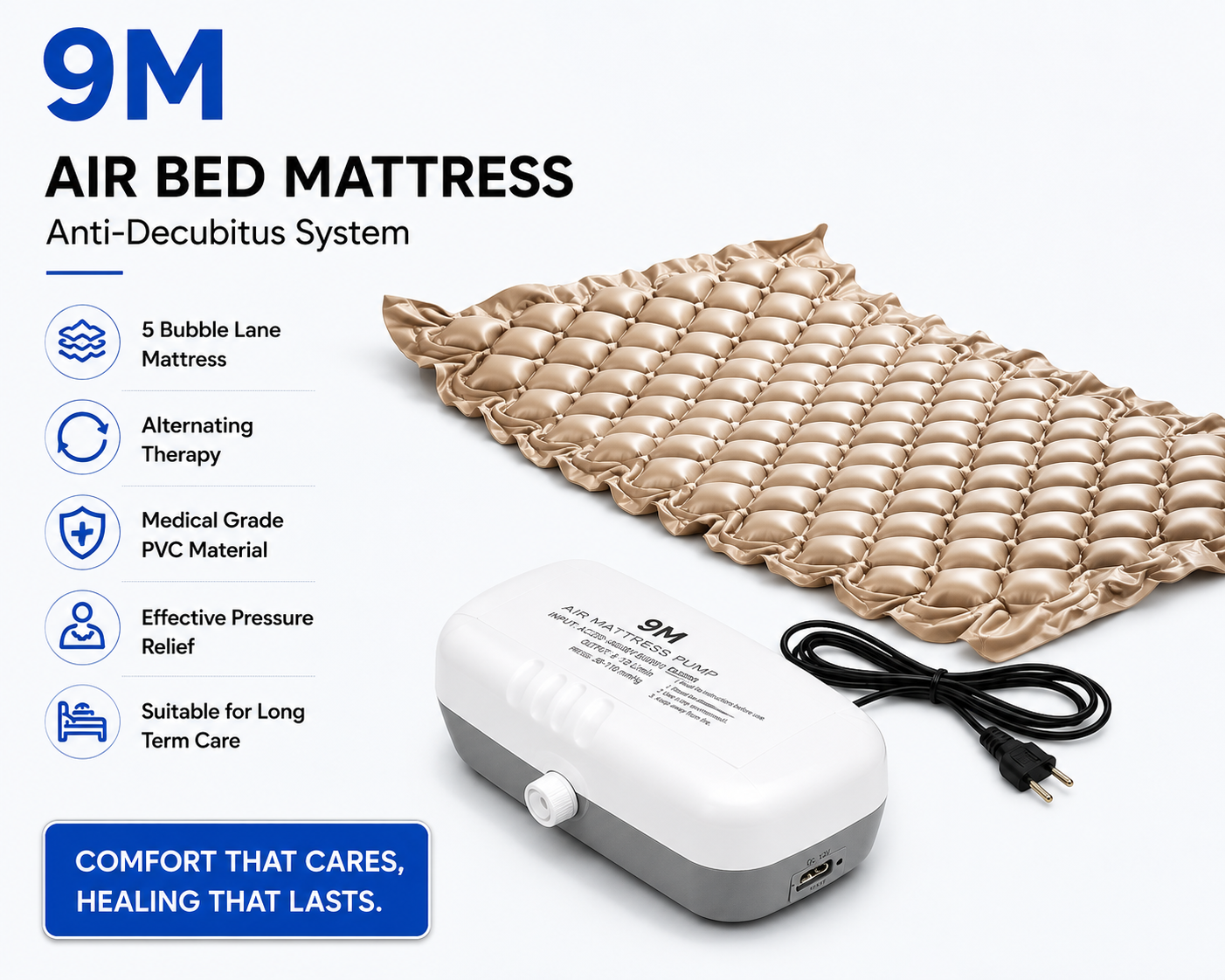 9M Anti Decubitus Bubble Air Bed with Pump for Patients Bed Sore Helps in Prevention of Bed Sores