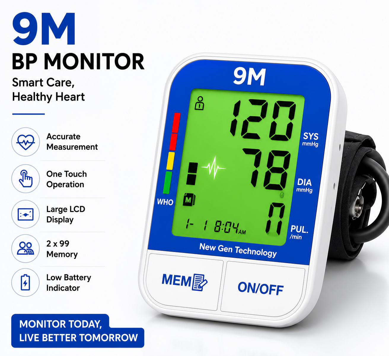 9M BP BIg 3 Colour Backlight digital Blood Pressure Monitor with MDI Technology