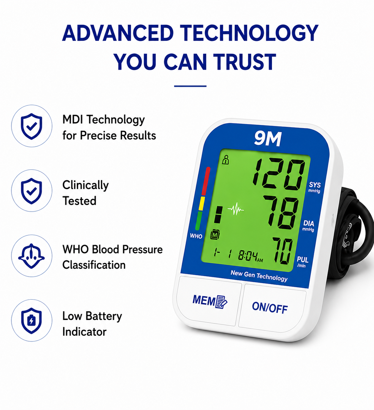 9M BP BIg 3 Colour Backlight digital Blood Pressure Monitor with MDI Technology