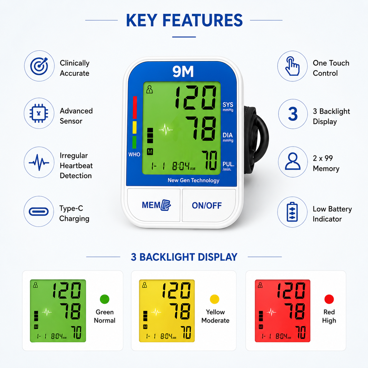 9M BP BIg 3 Colour Backlight digital Blood Pressure Monitor with MDI Technology